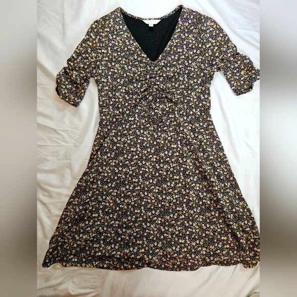 Lauren Conrad Womens Black Floral Short Sleeve V-Neck A Line Dress Size Small - Picture 1 of 11